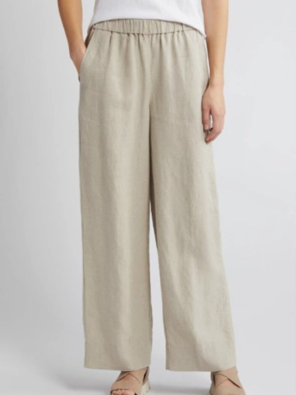 Eileen Fisher Oatmeal Bio Linen Elastic Waist Cream Wide Leg Lagenlook Pants PS